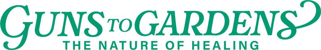 logo for Guns2Gardens.  Guns2Gardens is an extension of the traveling exhibition "The Nature of Healing". We commission Michael Boyd Roman to work alongside four youth apprentices to design and install a public artwork that advocates for peace, safety, and healing. The project will also incorporate dismantled firearms through the Episcopal Church’s Guns to Gardens initiative, a national organization that transforms firearms turned into police departments into functional metal for use in artistic and practical applications.